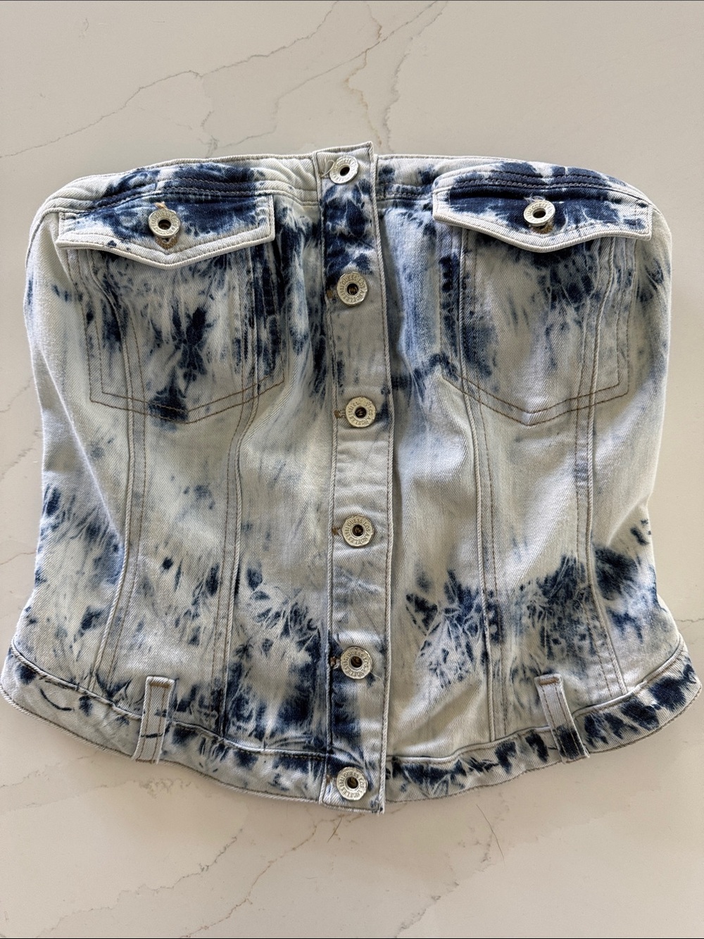 Guess Los Angles Tie-Dye Denim Top Button-Front Strapless Bustier - Blue & White